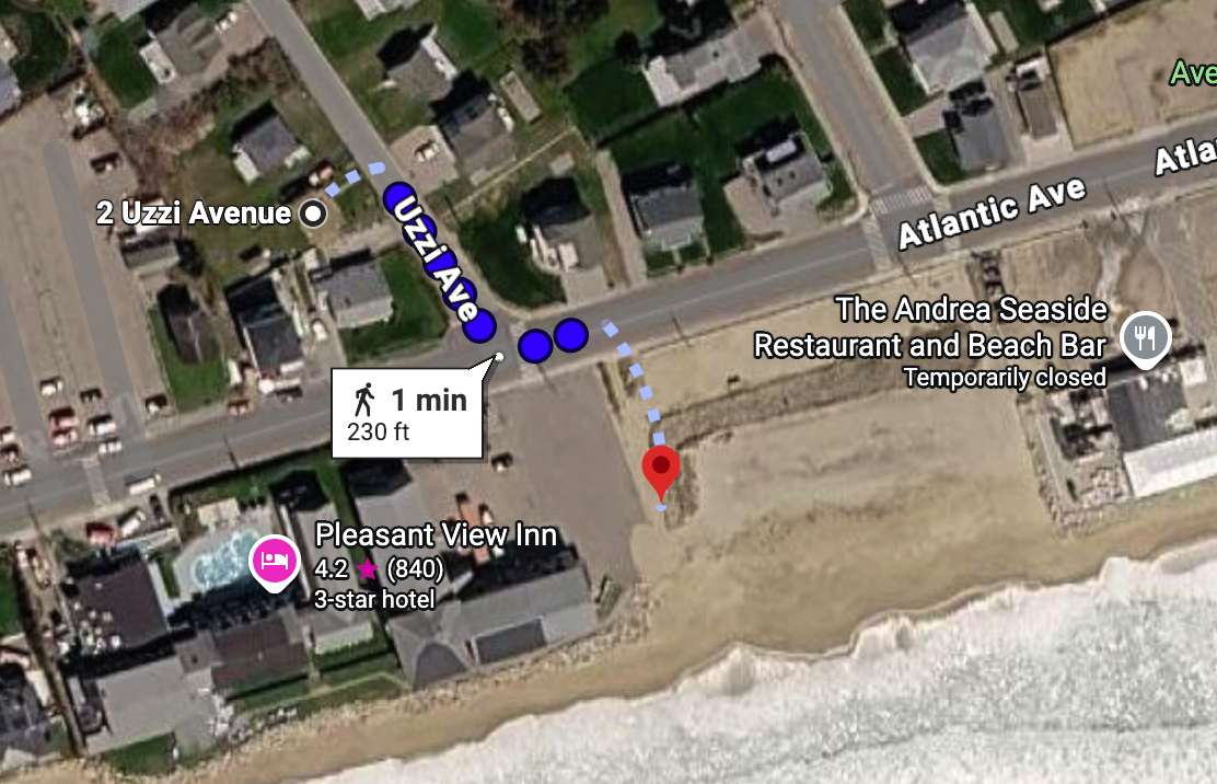 Map showing 1-minute walk from 2 Uzzi Ave to Clark Farm Beach